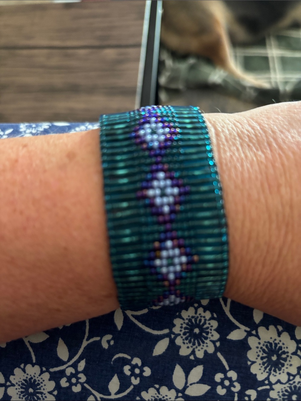 Vintage Woven Glass Seed Bead Bracelet- Teal Blue & Baby Blue